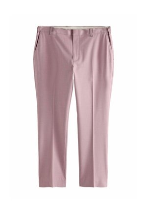 Heren tailored slim-fit broek in gedempte mauve met riemlussen, zijzakken en voorvak met rits, plat op een witte achtergrond gelegd.