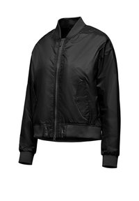 Giubbotto bomber nero con zip frontale, polsini e orlo a coste, materiale liscio e lucido, e due tasche laterali.