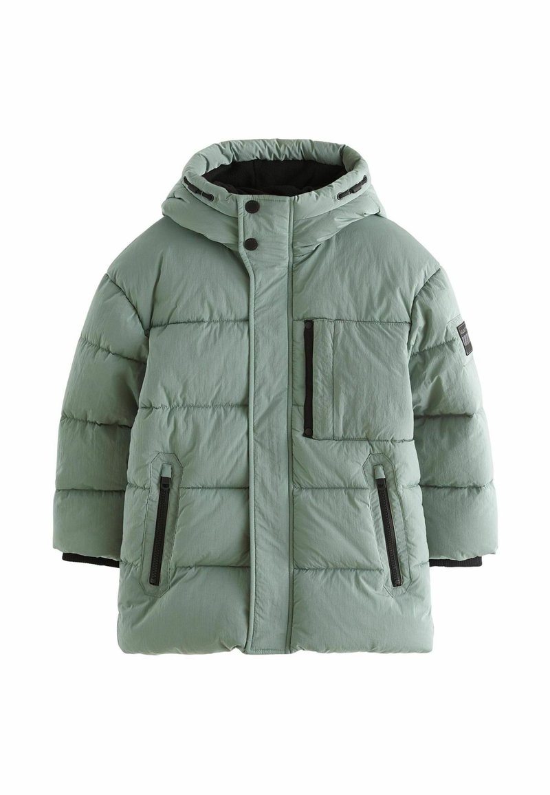 Mintgrön puffjacka med huva, med en framdragkedja, bröstficka och två sidofickor med dragkedja. Texturerad quiltad design.