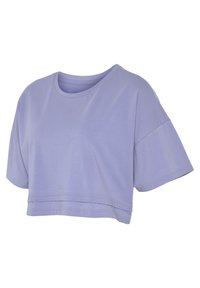 Lavender cropped t-shirt with short sleeves, made from soft fabric. Features a round neckline and subtle stitching details at the hem.