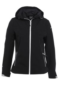 Veste softshell noire avec capuche, fermeture éclair à l'avant, deux poches latérales zippées et doublure intérieure grise. Présente un design épuré et moderne.