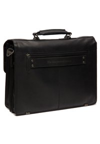 Zwarte leren aktetas met een gestructureerde afwerking, een bovenhandvat en een ritsvak aan de voorkant. Voorzien van hardwareaccenten in zilverkleur.