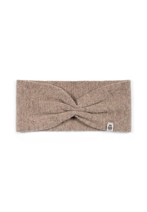 Brown knitted headband with a twisted knot detail at the center and a small white fabric tag on one side.