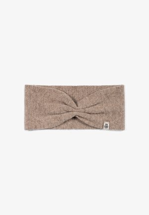 Brown knitted headband with a twisted knot detail at the center and a small white fabric tag on one side.