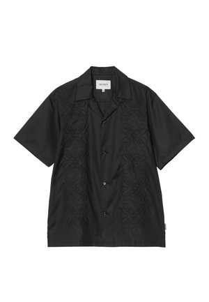 Camicia nera a maniche corte con bottoni, con motivi verticali ricamati sui pannelli anteriori e colletto ripiegato, taglia media.