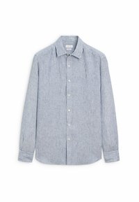 Camicia a righe con bottoni in cotone azzurro chiaro e bianco. Presenta un colletto classico, maniche lunghe e un orlo dritto con chiusure a bottoni.