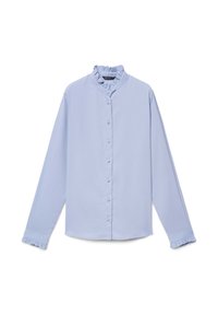 Light blue blouse with long sleeves, featuring a ruffled neckline and buttoned front. Smooth fabric with a relaxed fit and ruffled sleeve hems.