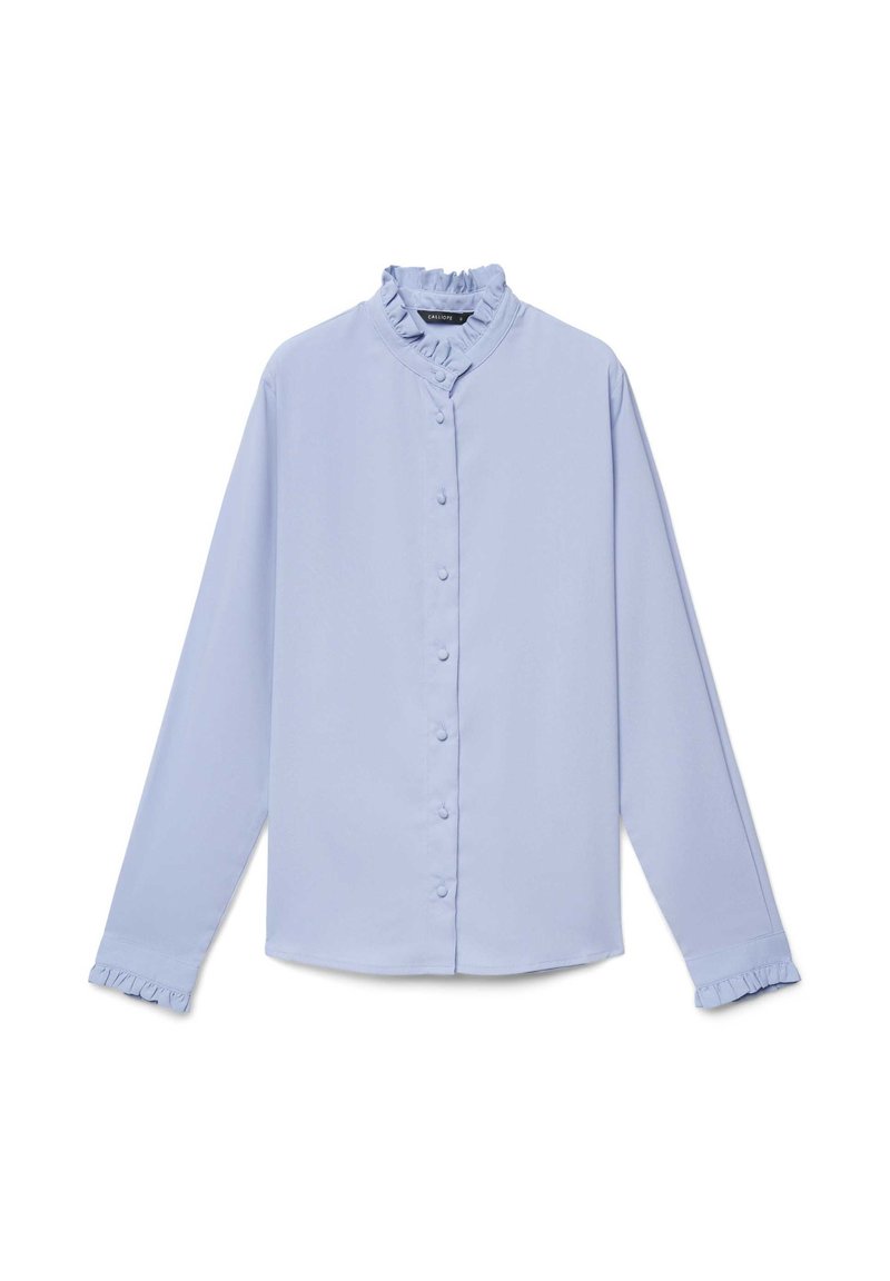 Light blue blouse with long sleeves, featuring a ruffled neckline and buttoned front. Smooth fabric with a relaxed fit and ruffled sleeve hems.
