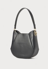 Black leather shoulder bag with a unique geometric design, featuring a gold logo charm and a smooth texture. Accented handles for carrying.