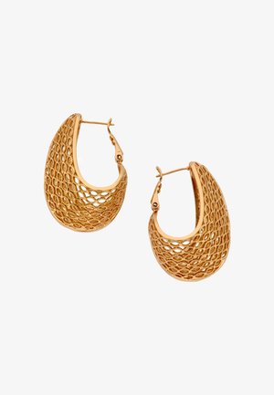 Aranyszínű karika fülbevalók nyitott rácsmintával és csuklós kapcsokkal, lekerekített csepp alakú és texturált szőtt mintával.