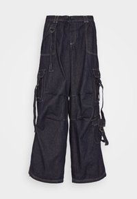 Dark blue denim cargo pants with a wide-leg design, multiple side pockets, adjustable waist feature, and prominent stitching details.