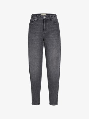 Høytlivs svarte, vasket, avsmalnende jeans med frontlommer, beltehemper og knappelukking.