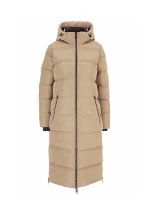 Long beige padded winter coat with hood, front zipper, two zippered side pockets, and ribbed cuffs.