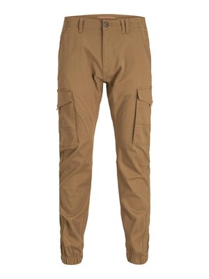 Pantalones cargo de algodón marrón. Con dos bolsillos laterales, puños elásticos y cierre de botón. Diseño de pierna recta con detalles de costura mínimos.