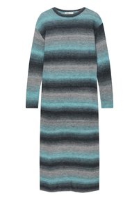 Robe rayée à manches longues en gris, bleu canard et noir. Texture douce et tricotée avec un large col et une silhouette droite.