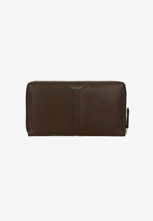 Portefeuille en cuir marron avec une finition texturée, fermeture éclair tout autour et un accent logo métallique à l'avant.