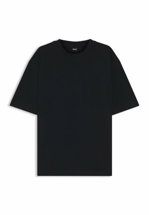 Maglietta in cotone nera con scollatura rotonda e maniche corte. Presenta una vestibilità ampia e un design semplice senza motivi o dettagli.