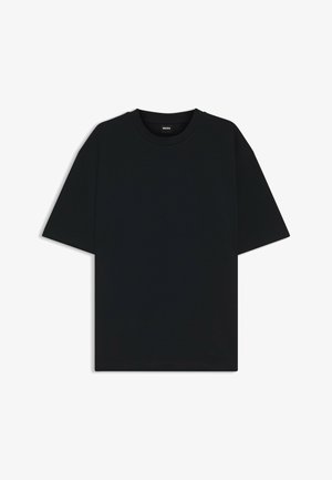 Schwarzes Baumwoll-T-Shirt mit rundem Halsausschnitt und kurzen Ärmeln. Verfügt über einen lockeren Schnitt und ein schlichtes Design ohne Muster oder Akzente.