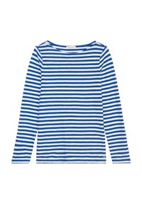 Long-sleeve shirt in blue and white horizontal stripes, made of soft fabric, with a boat neckline and a relaxed fit. Brand logo on hem.