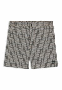 Mannen zwemshorts, houndstoothpatroon in schaduwtonen van zwart, wit en beige. Heeft een tailleband met een knoop en een klein merkembleem.