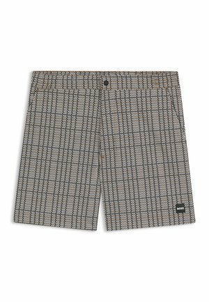 Herrenschwimmshorts im Hahnentrittmuster in Schwarz-, Weiß- und Beigetönen. Mit einem Bund, der einen Knopf und ein kleines Markenlabel enthält.