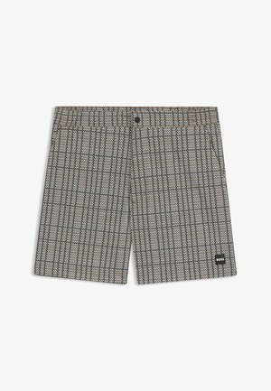 Mannen zwemshorts, houndstoothpatroon in schaduwtonen van zwart, wit en beige. Heeft een tailleband met een knoop en een klein merkembleem.