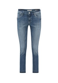 Jeans de mezclilla azul con un ajuste slim, lavado desgastado, cinco bolsillos y detalle de dobladillo sin acabar. Cuenta con un cierre clásico de botón y cremallera en la parte delantera.