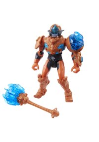 Action figure with orange armor, blue accents, and a transparent blue shoulder piece. Includes a blue weapon with a textured handle.