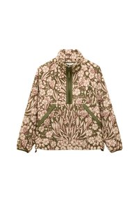 Béžová pulovrová bunda s květinovým vzorem v krémových, zelených a růžových odstínech; má půlzip, vysoký límec a dvě přední kapsy se zelenými akcenty.