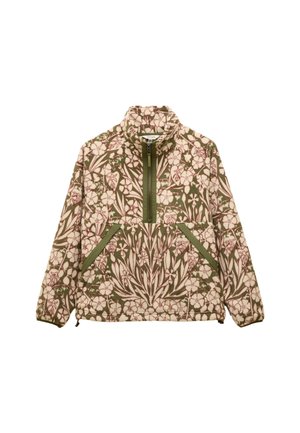 Blumenmuster-Pulloverjacke in Creme-, Grün- und Rosatönen; mit einem halben Reißverschluss, hohem Kragen und zwei Fronttaschen mit grünen Akzenten.