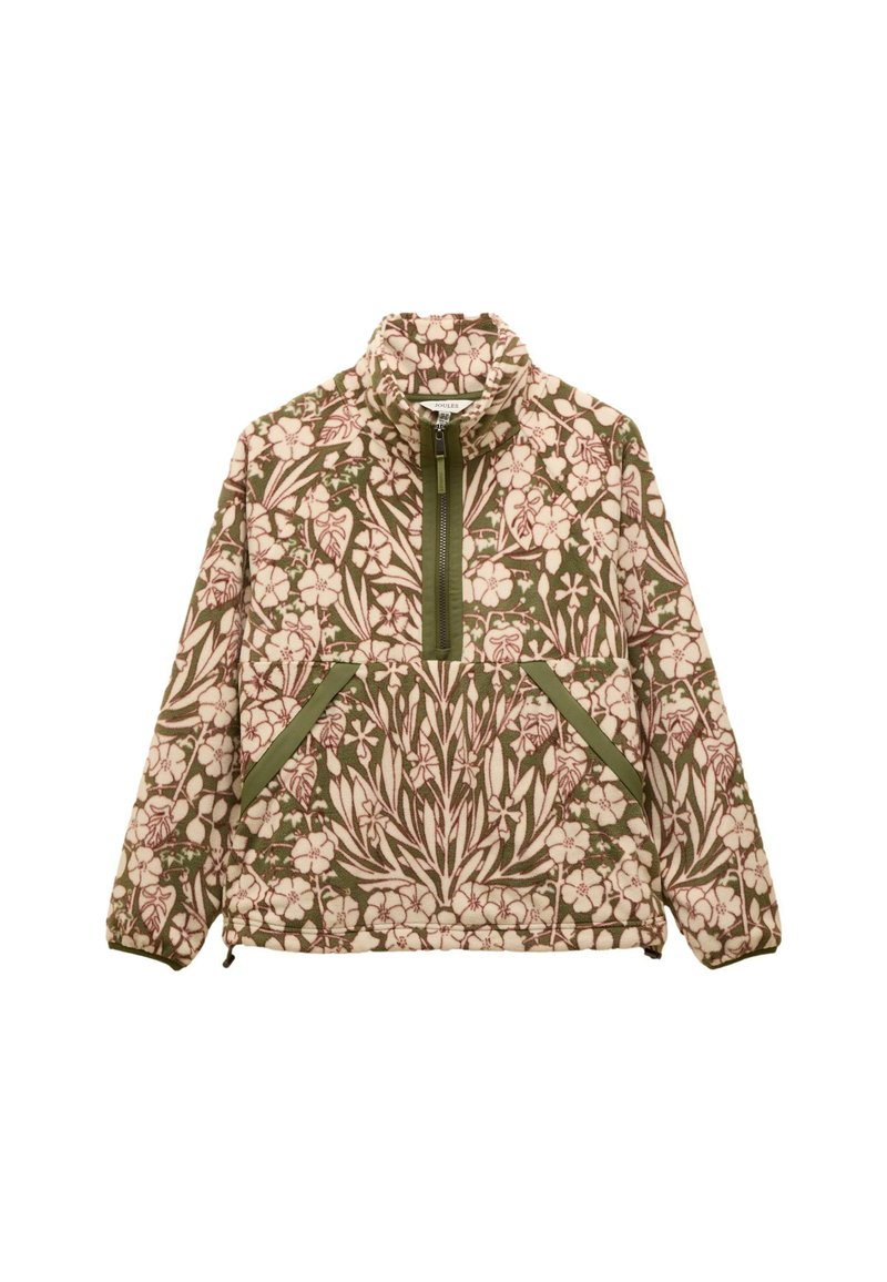 Béžová pulovrová bunda s květinovým vzorem v krémových, zelených a růžových odstínech; má půlzip, vysoký límec a dvě přední kapsy se zelenými akcenty.