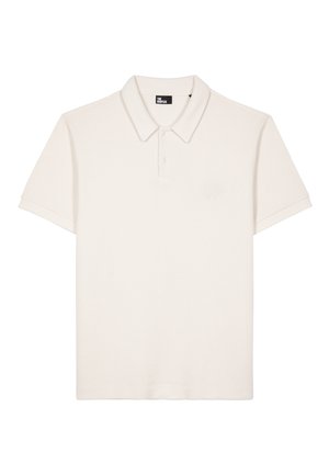 Beige Poloshirt mit kurzen Ärmeln, Kragen, zwei Knöpfen und dezentem gesticktem Logo auf der linken Brust.