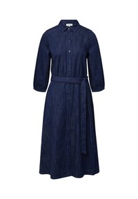 Donkerblauwe denim midi-jurk met een kraag, knoopsluiting, 3/4 mouwen en een bijpassende riem in de taille. Gladde, gestructureerde textuur.