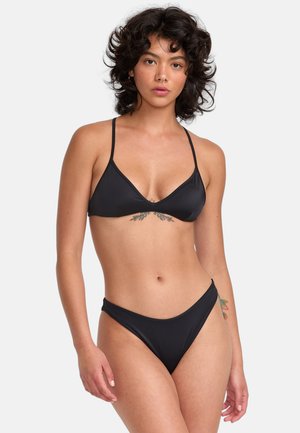Black bikini set featuring a triangular top with thin straps and low-rise bottom. Smooth texture and minimalistic design.
