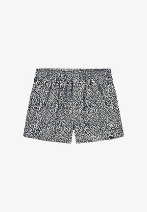 Shorts bleu et crème à motif, dotés d'une taille élastique, présentant un design abstrait tourbillonnant et une coupe décontractée.