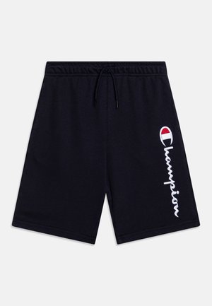 Marineblaue Baumwollshorts mit elastischem Bund, verstellbarem Kordelzug und weißem gesticktem "Champion"-Logo auf der linken Seite.