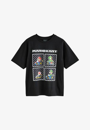 Black t-shirt featuring four Mario Kart characters in racing karts with checkered backgrounds and "MARIOKART" text above.