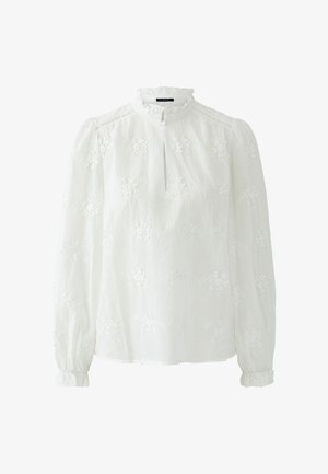 Weiße langärmlige Bluse mit Blumenstickerei, gerafftem Stehkragen, Knopfverschluss vorne und gesammelten Manschetten.