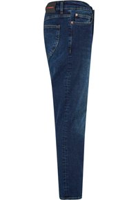 Tummansinisiä farkkuja, joissa on slim fit -leikkaus, kuparinväriset yksityiskohdat, viisi taskua ja raakareuna nilkassa.