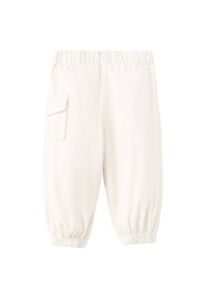 Pantalons blancs à taille élastique avec une coupe ample. Comprend une texture côtelée et une poche cargo sur le côté. Les poignets sont froncés pour un look fuselé.