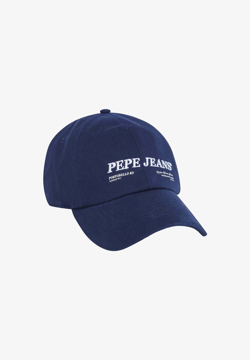 Navy modrá bavlněná baseballová čepice s prohnutým kšiltem a bílým vyšívaným logem "PEPE JEANS". Nastavitelný popruh vzadu.