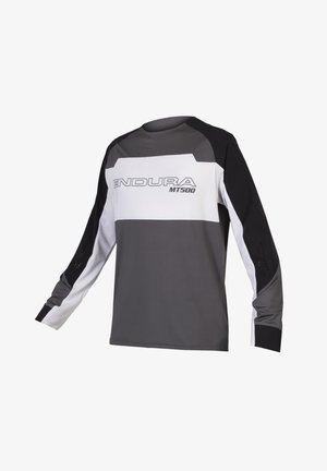 Langärmliges Radtrikot in Grau, Schwarz und Weiß. Verfügt über eine strukturierte Vorderseite, seitliche Mesh-Einsätze und ein "ENDURA MT500"-Logo auf der Brust.