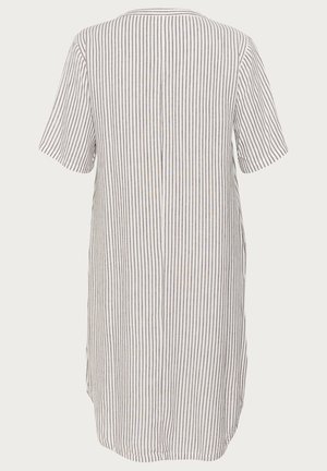 Randig kortärmad tunika i lätt tyg. Har en rund halsringning och en lös passform, med vertikala grå och blå ränder.