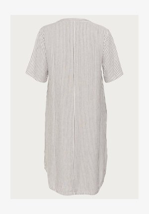 Stribet kortærmet tunika lavet af letvægtigt stof. Har en rund halsudskæring og en løs pasform, med lodrette grå og blå striber.