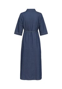 Bavlněné šaty s tmavě modrým a bílým pruhovaným vzorem, límečkem, krátkými rukávy a zavazovacím detailem v pase.