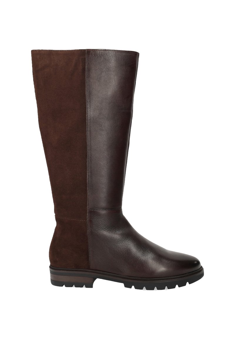 Bruine laarzen tot de knie, gemaakt van een combinatie van glad leer en suede. Beschikt over een ronde neus en een gestructuureerde rubberen zool voor grip.