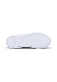 Weiße Sneaker-Sohle mit strukturiertem Finish, das horizontale Rillen und ein Logo aufweist. Das Material scheint aus Gummi zu bestehen, das für Traktion und Haltbarkeit konzipiert ist.