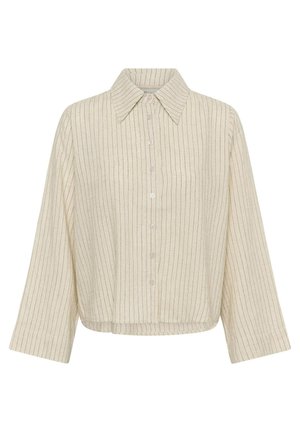 Beige long-sleeve button-up shirt with thin vertical black stripes and a pointed collar, displayed on a white background.