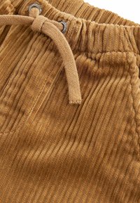 Gros plan sur un pantalon en velours côtelé marron avec une ceinture élastique et un cordon beige noué à travers des œillets métalliques.