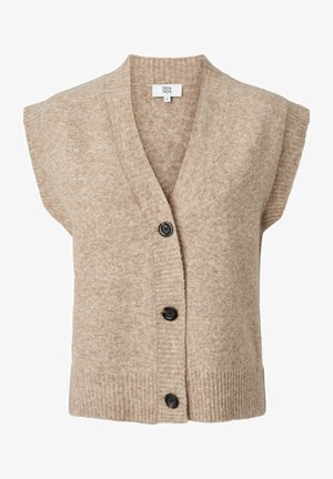 Beige wool blend vest with a v-neck, short sleeves, and three black buttons down the front. Ribbed texture at the hem and collar.